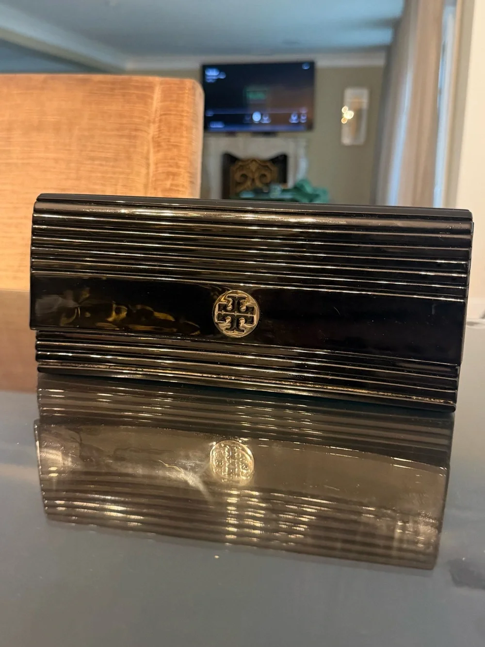 Tory Burch Black Patent Ribbed Clutch with Gold Logo